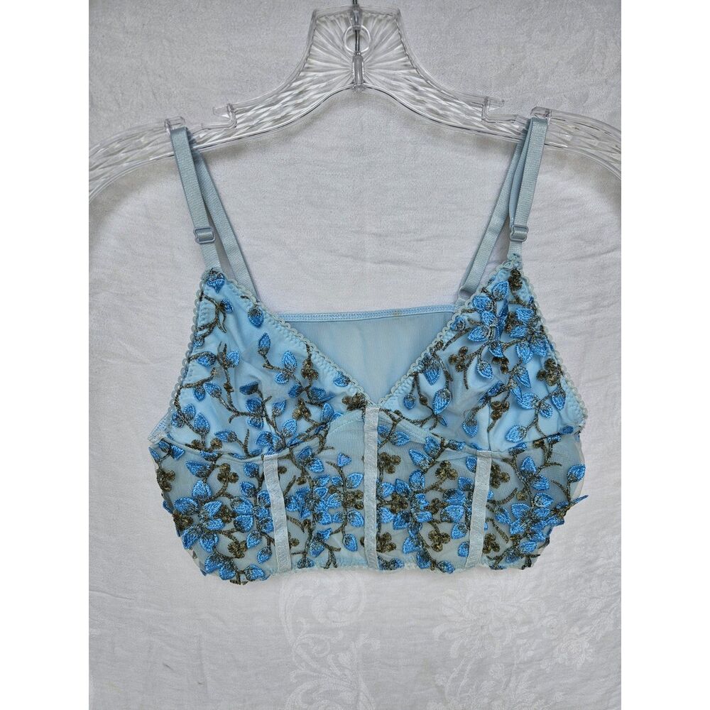 Cropped intricately embroidered floral corset style blue Bra Large